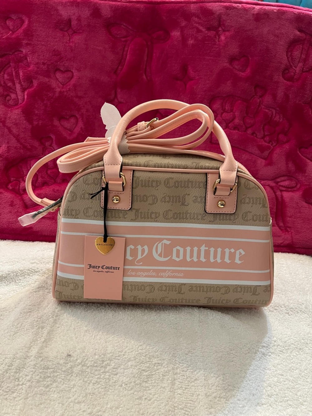 Juicy Couture Pink Trim Tan Monogram Satchel